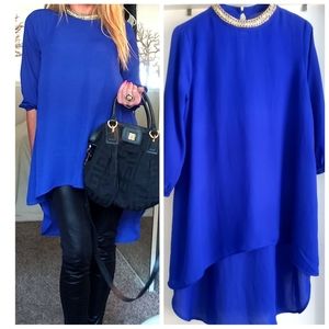 Long Sheer Royal Blue Jewels & Chains Neckline